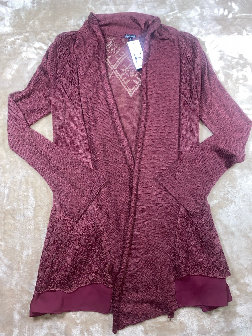 NWT Hannah Open-Front Lace-Trim Cardigan - Wine